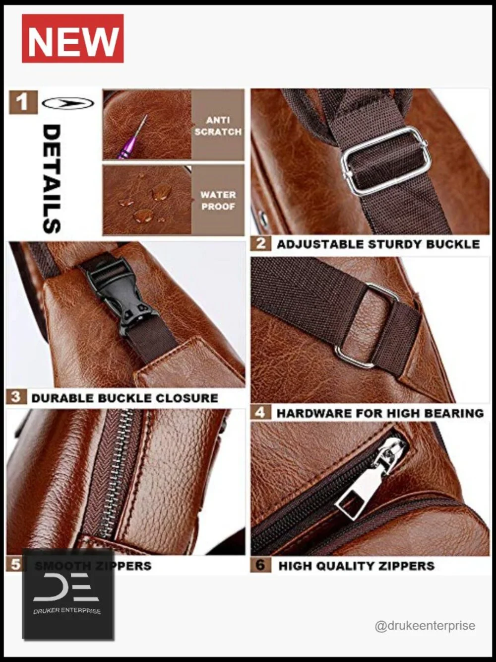 Leather Sling Bag Crossbody Backpack with USB Charge Port